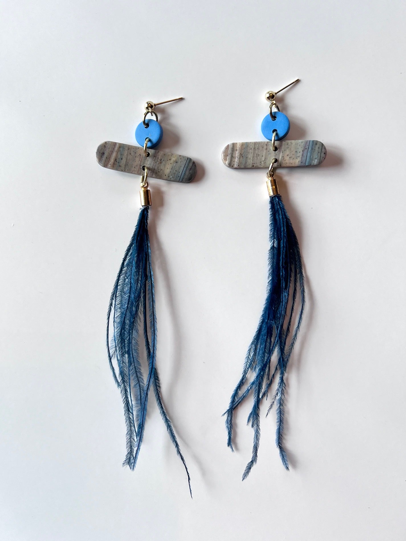 Blue Boho Feather Dangle Earrings