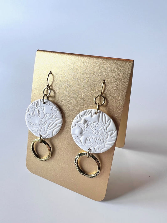 White Floral Embossed Dangle Earrings